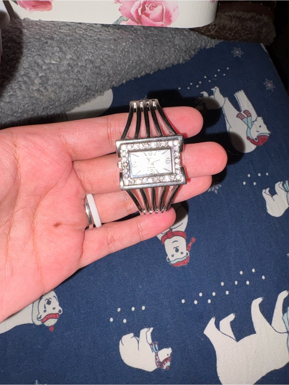 Silver Women's Rhinestone Cuff Watch